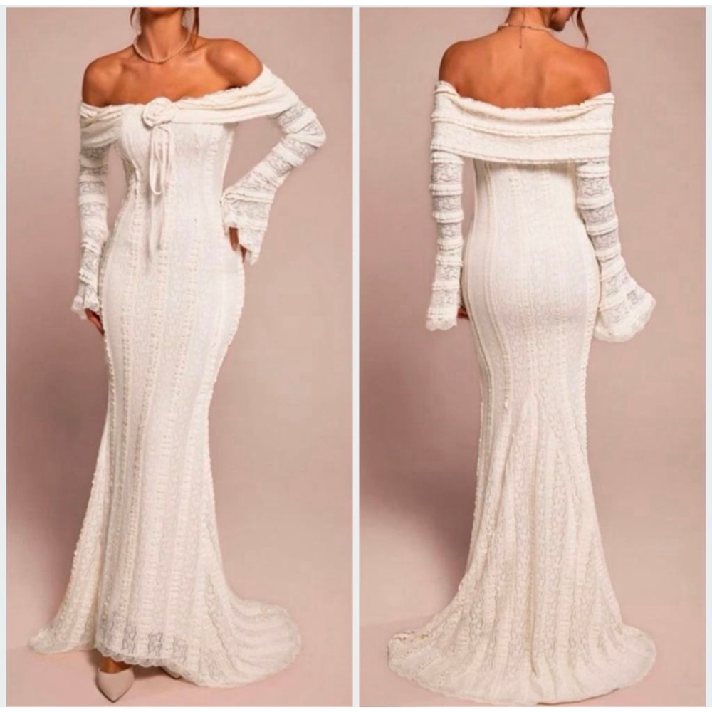 Bohemian Off-the-Shoulder Lace Mermaid Dress with Bell Sleeves and Train Bridal